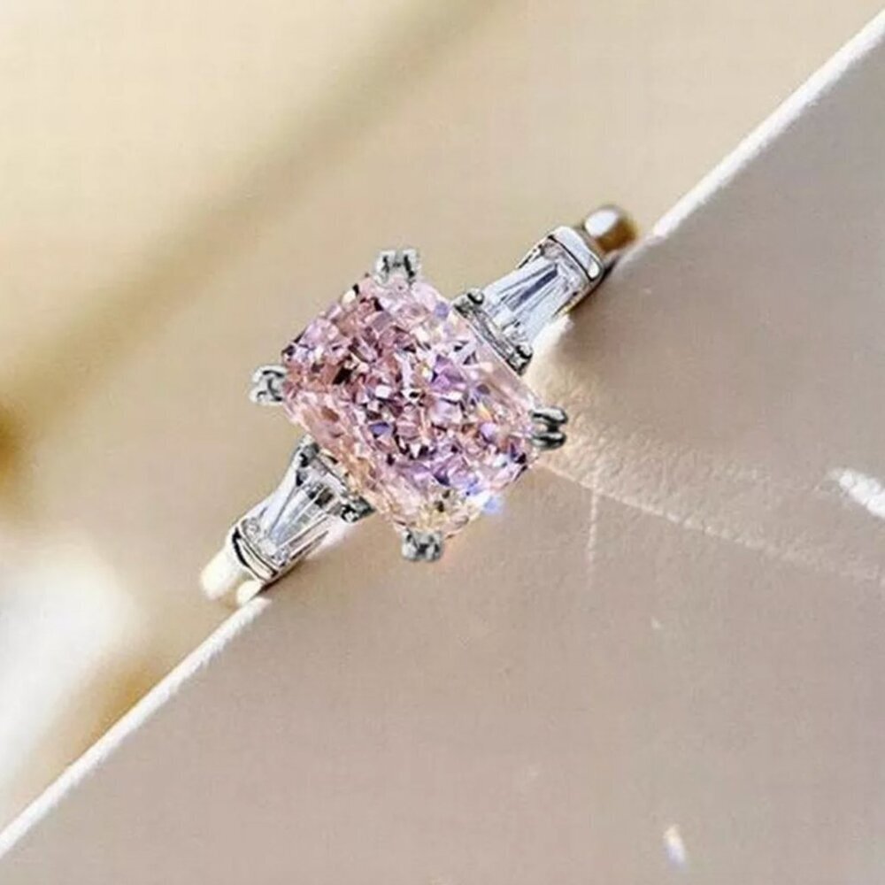 NEW 14k White Gold Pink Sapphire Diamond Ring Emerald Cut - Picture 3 of 4